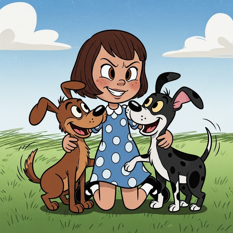 Vintage Style Pixar Image of Brunette Girl with Brown and Black Dogs