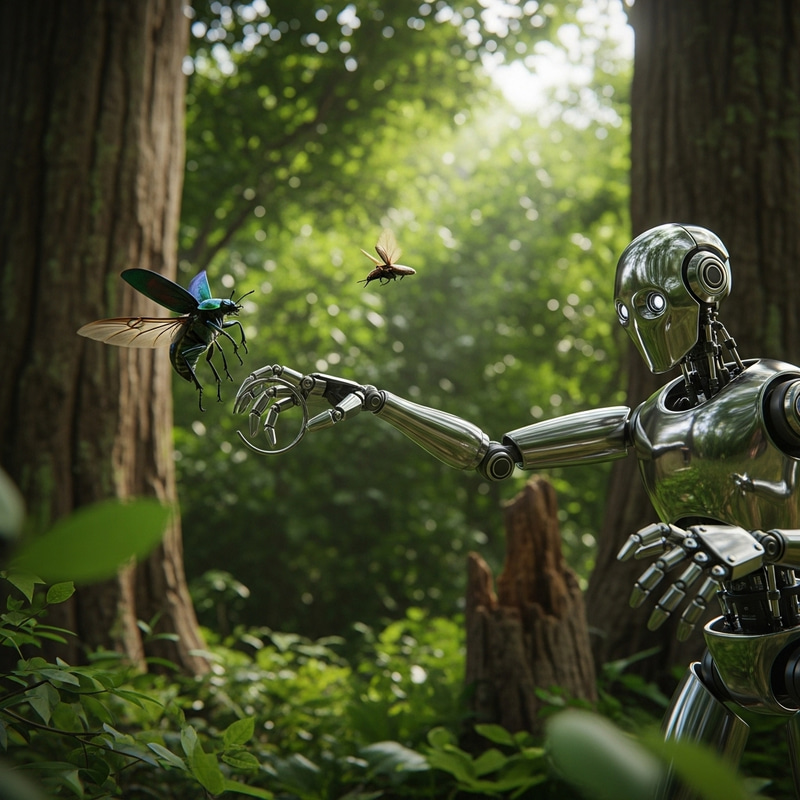 Robot Catching a Beetle in a Forest