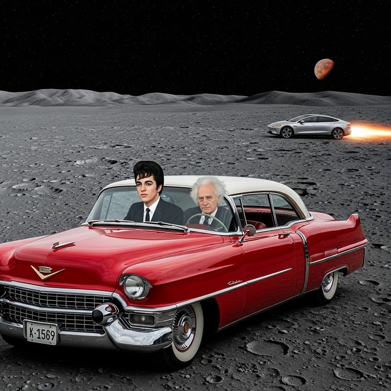 Elvis & Einstein in 1950 Cadillac on Moon South Pole