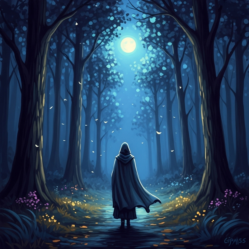 Enigmatic Figure in Enchanted Forest: Impressionism Art