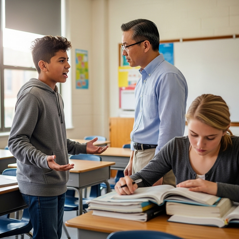 Frustrated Boy Complains to Teacher in Classroom - Real Student Scene Frustrated Boy Complains to Teacher in Classroom - Real Student Scene
