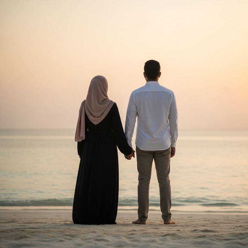 Serenity at Sunset: Muslim Couple in Hijab on Maldives Beach Serenity at Sunset: Muslim Couple in Hijab on Maldives Beach