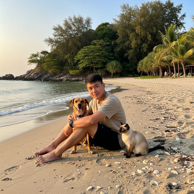 Man Sitting with Cat and Dog on Beach at Sunset