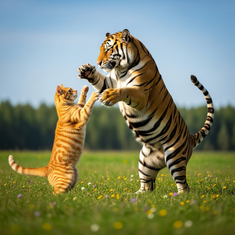 Cat Fighting Tiger in Serene Meadow Scene Cat Fighting Tiger in Serene Meadow Scene