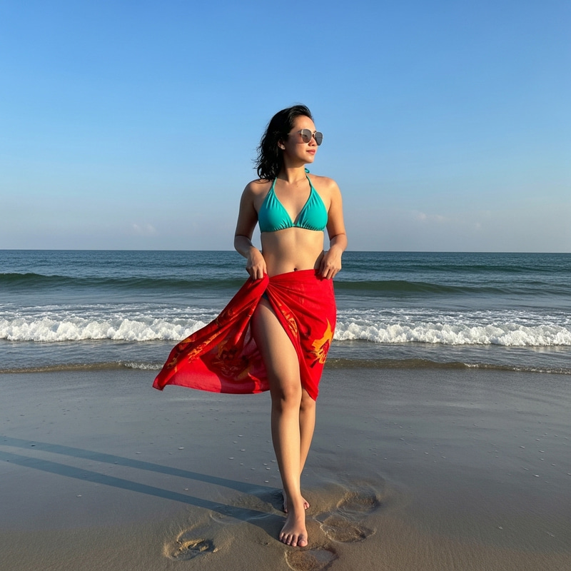 Draw an Indonesian Woman in Turquoise Bikini on Sunny Beach