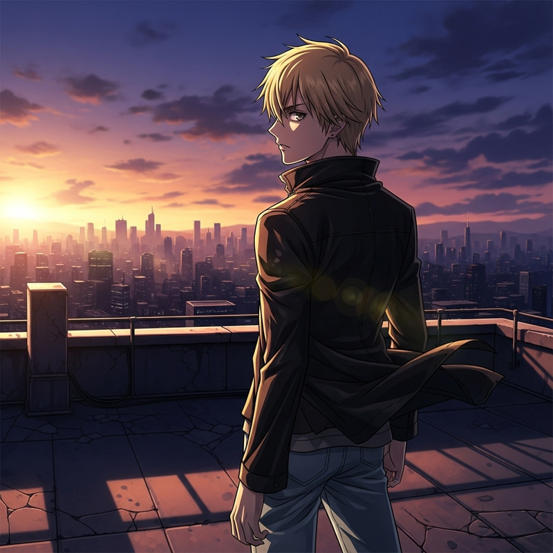 Anime Style Illustration of Short-Haired Blond Man on Roof