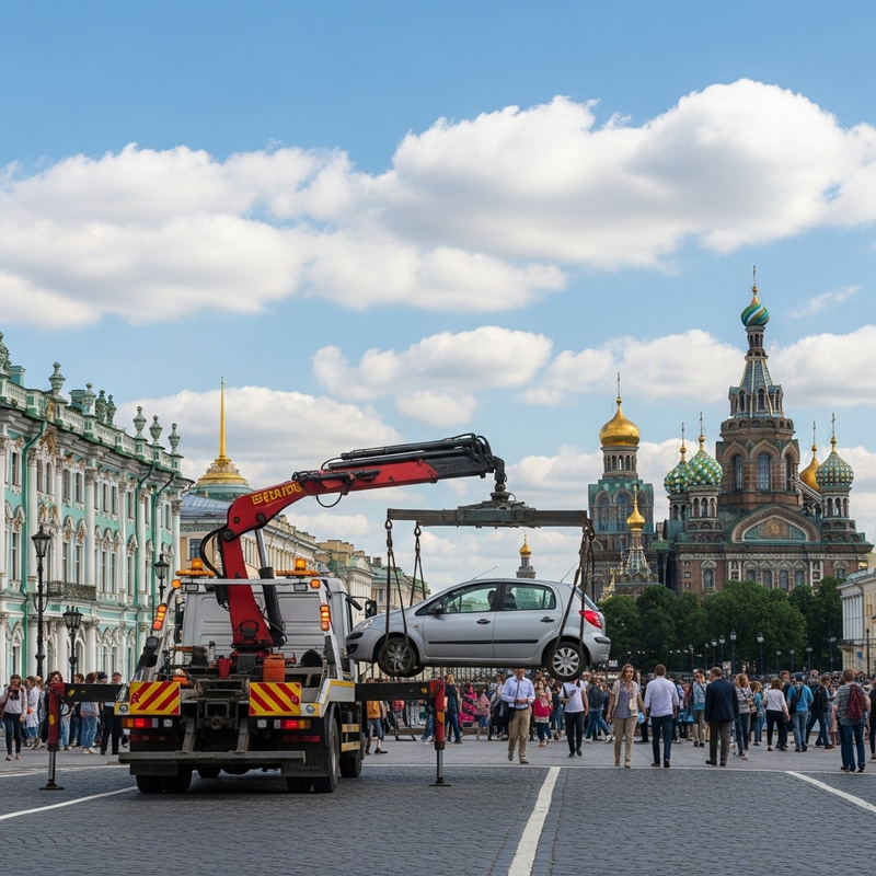 Tow Truck Towing Car in St. Petersburg City Skyline