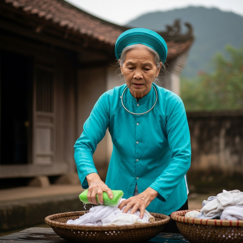 Vietnamese Woman Washing Clothes - Traditional Attire Vietnamese Woman Washing Clothes - Traditional Attire