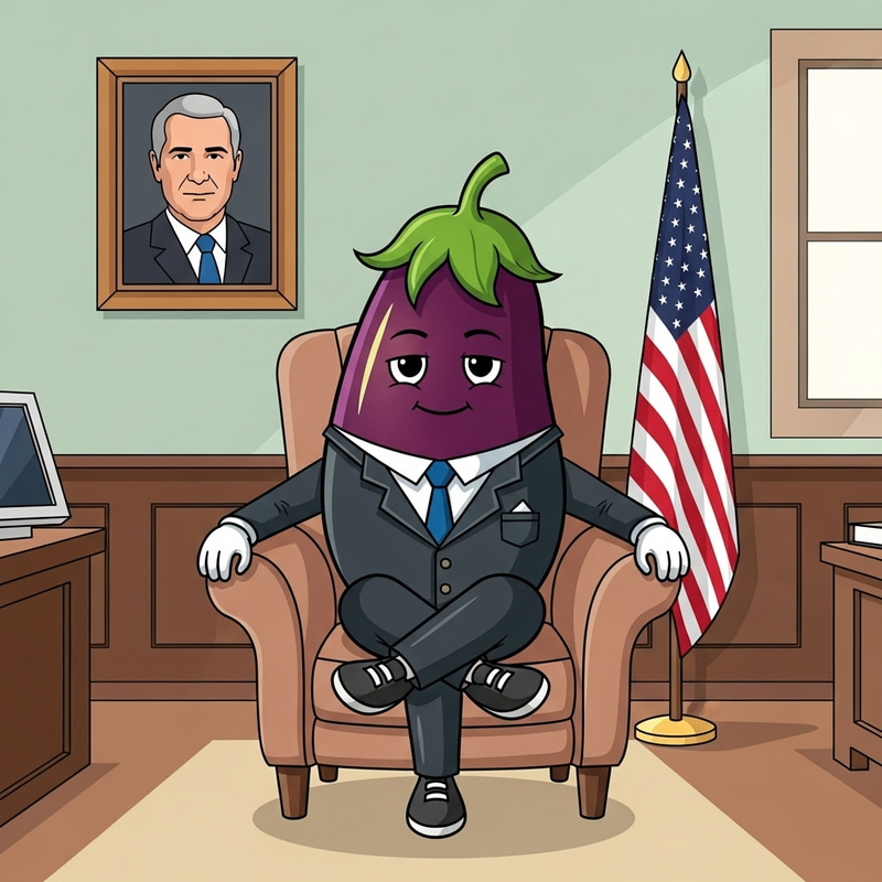 Eggplant in Office | Smiling Character with Flag and Trump Portrait Eggplant in Office | Smiling Character with Flag and Trump Portrait