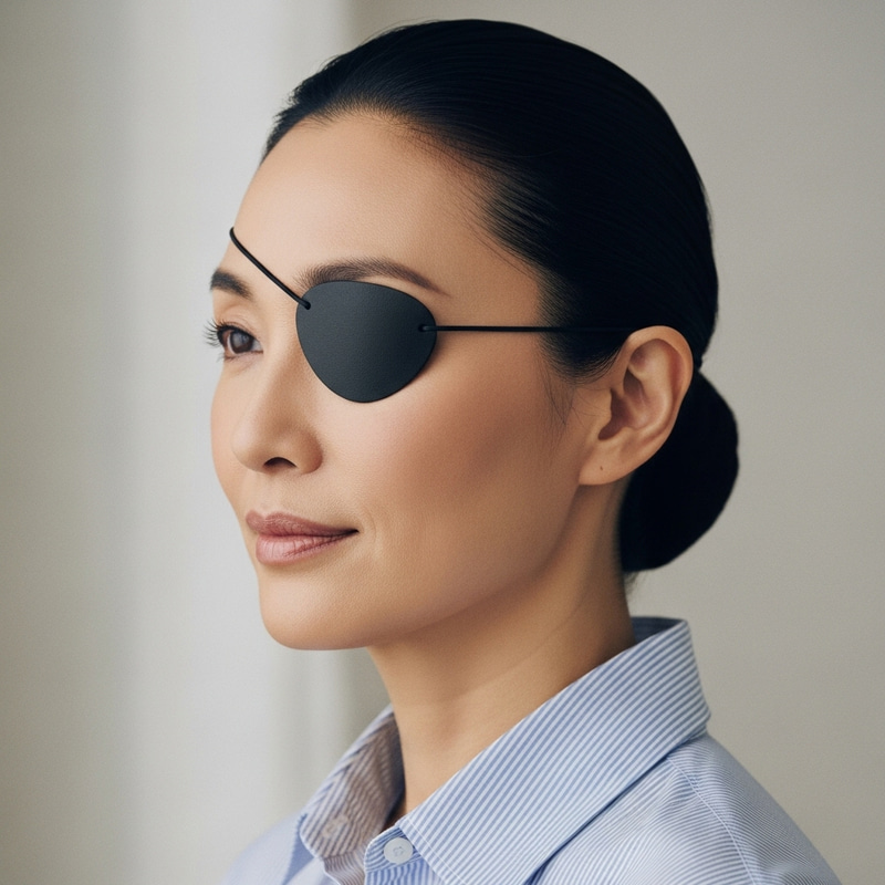 Middle-Aged Woman in Black Eyepatch | Profile Side View Middle-Aged Woman in Black Eyepatch | Profile Side View