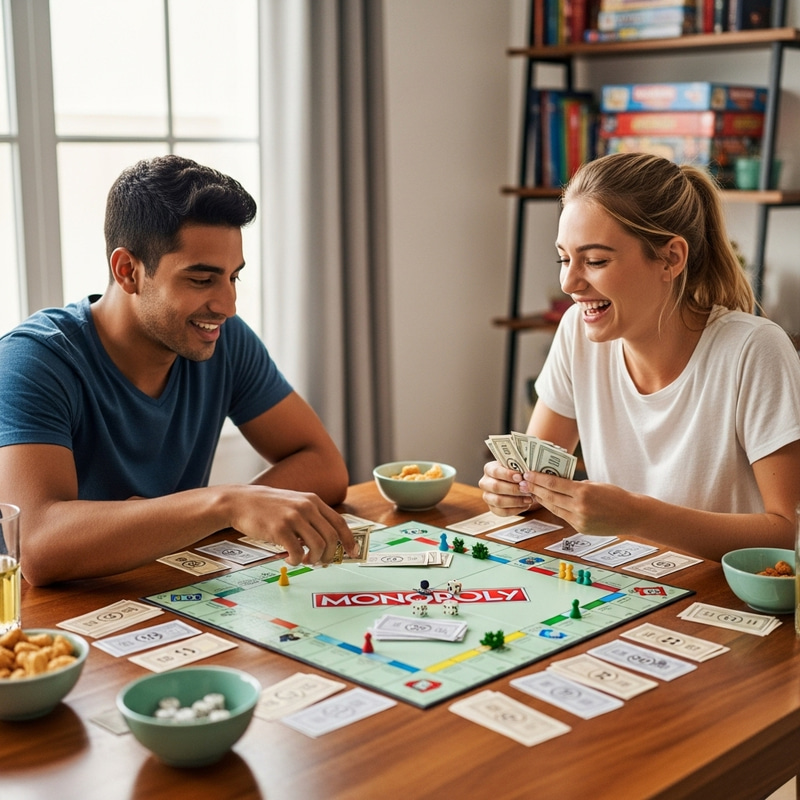 Young Couple Enjoying Monopoly Game Together Young Couple Enjoying Monopoly Game Together