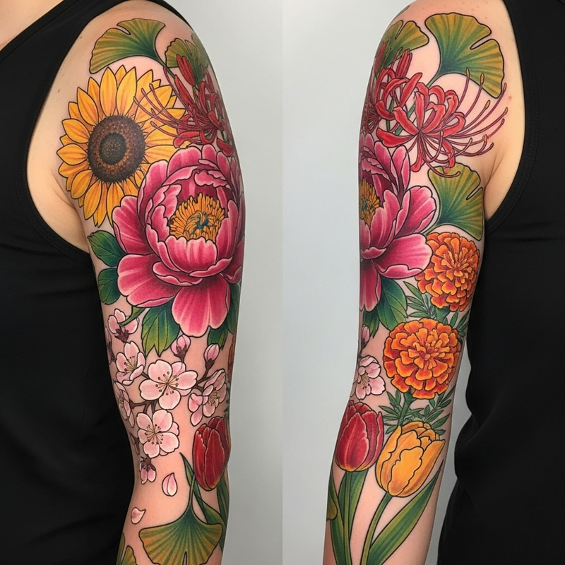 Colorful Floral Tattoo with Peony, Sunflower, Lily Spider & More