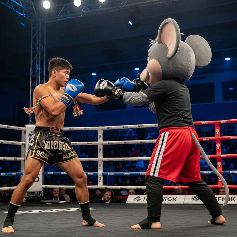 Young Man's Muay Thai Fight with Mickey Mouse Young Man's Muay Thai Fight with Mickey Mouse