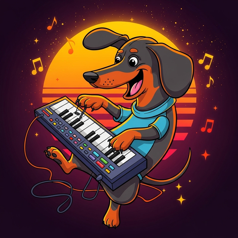 Neon 80s Cartoon Dachshund Playing Keyboard | Digital Art