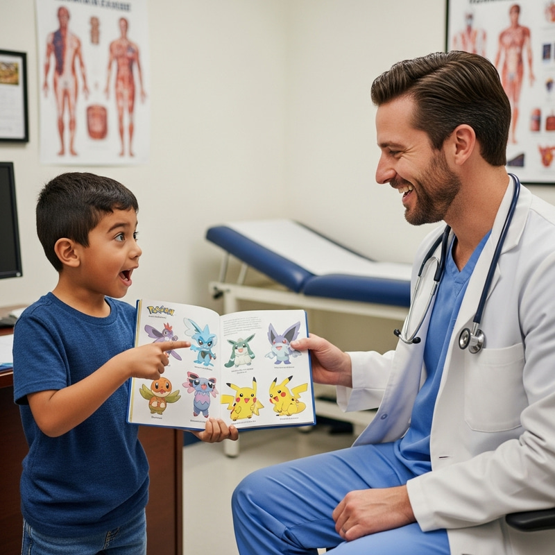 Young Child Talking to Pokémon Doctor Young Child Talking to Pokémon Doctor