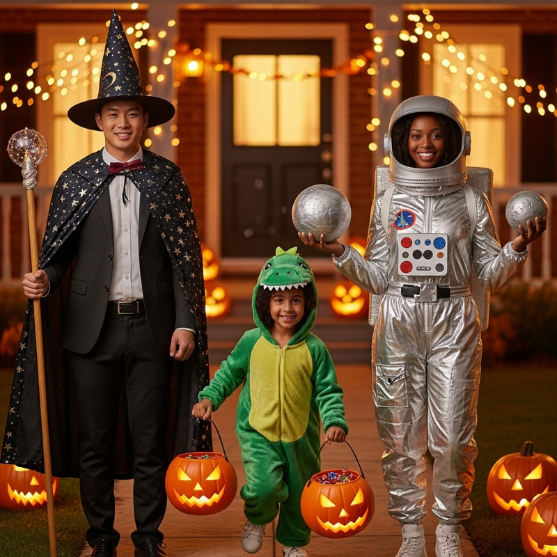 Vibrant Halloween Costume Scene with Wizard, Astronaut & Dinosaur Vibrant Halloween Costume Scene with Wizard, Astronaut & Dinosaur