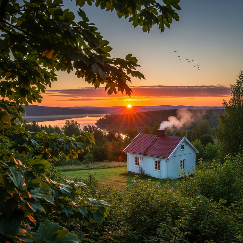 Serene Sunny Morning - Tranquil Landscape & Lakeside Cottage