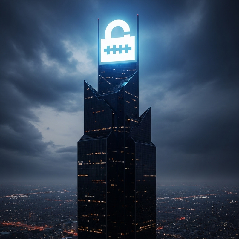 1Password Logo on Villain's Skyscraper Illuminated Against Ominous Sky 1Password Logo on Villain's Skyscraper Illuminated Against Ominous Sky