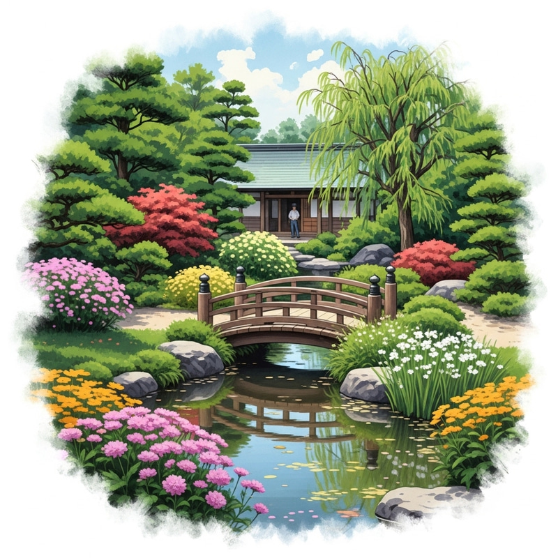 Serene Japanese Garden with Wooden Bridge Art Serene Japanese Garden with Wooden Bridge Art