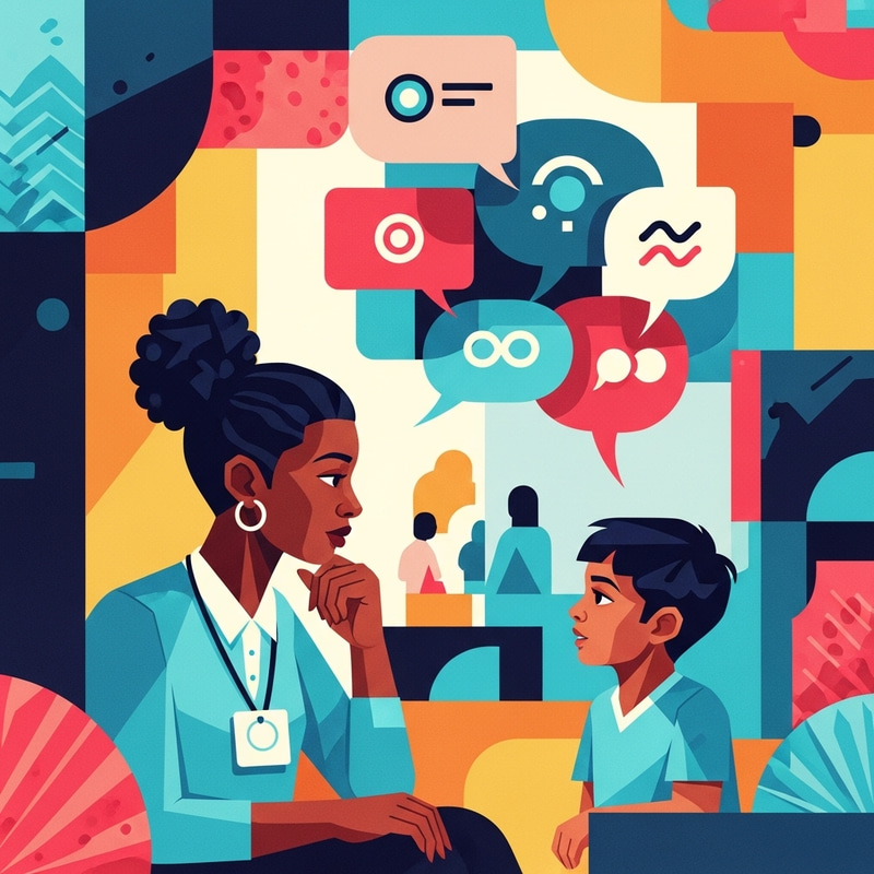 Social Worker Abstract Art: Imaginative Scene with Black Woman and South Asian Boy Social Worker Abstract Art: Imaginative Scene with Black Woman and South Asian Boy