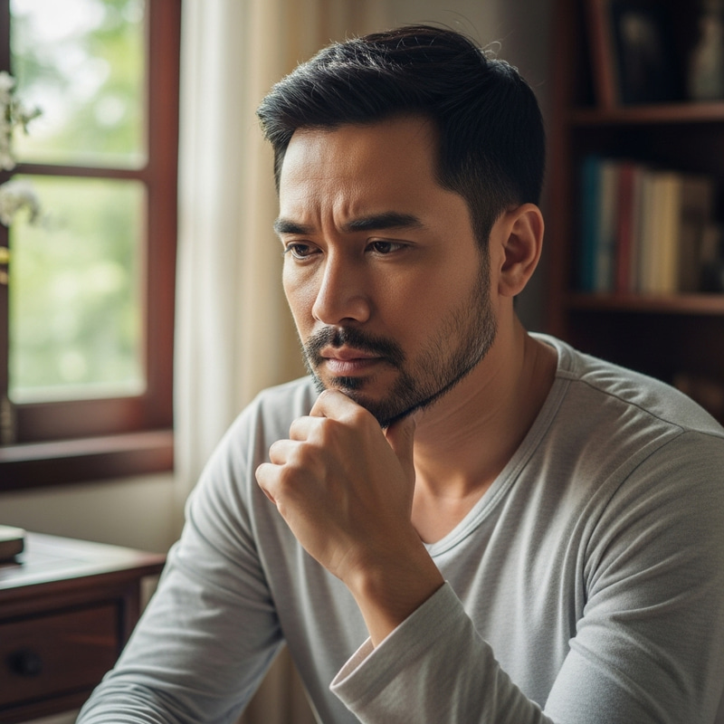 Contemplative Vietnamese Man in Thoughtful Reflection Contemplative Vietnamese Man in Thoughtful Reflection