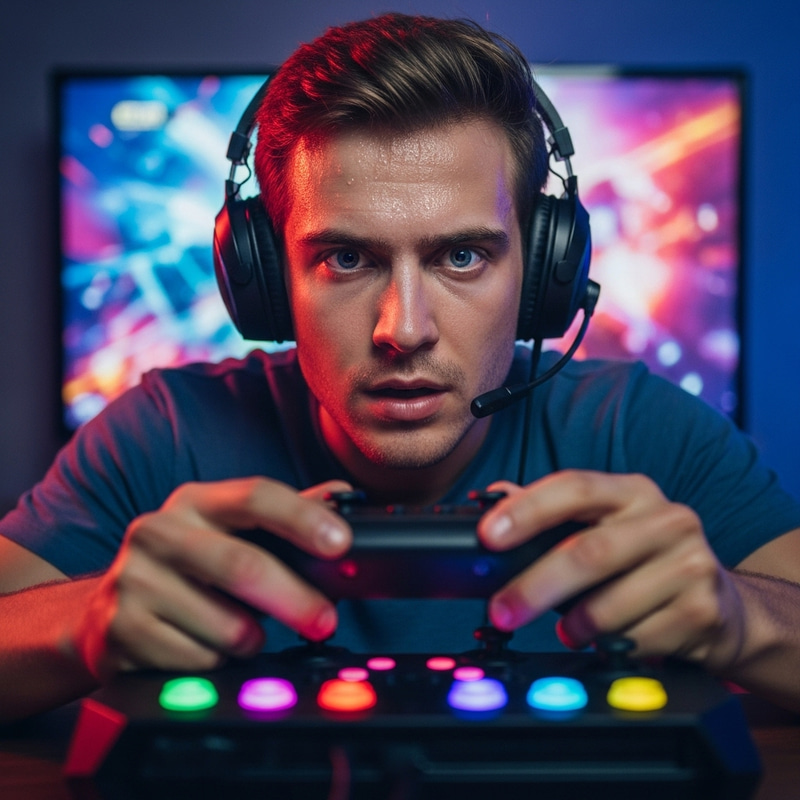 Intense Gamer Exudes Concentration | Professional Gaming Setup