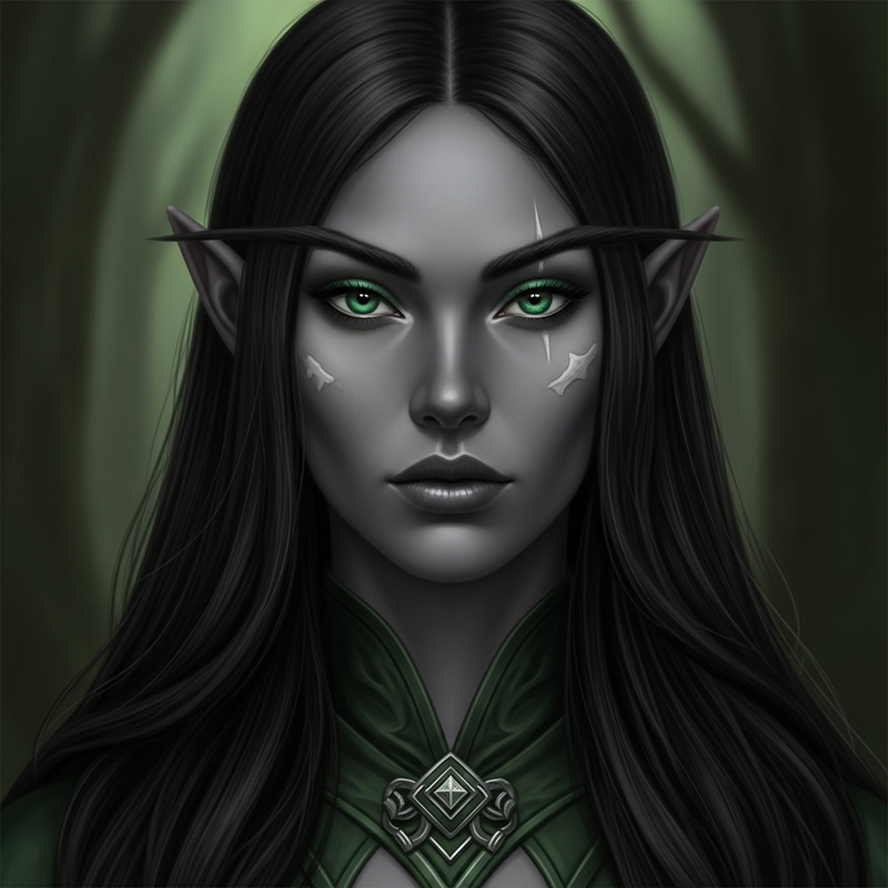 Female Dark Elf with Long Black Hair, Green Eyes, and Grey Skin Female Dark Elf with Long Black Hair, Green Eyes, and Grey Skin