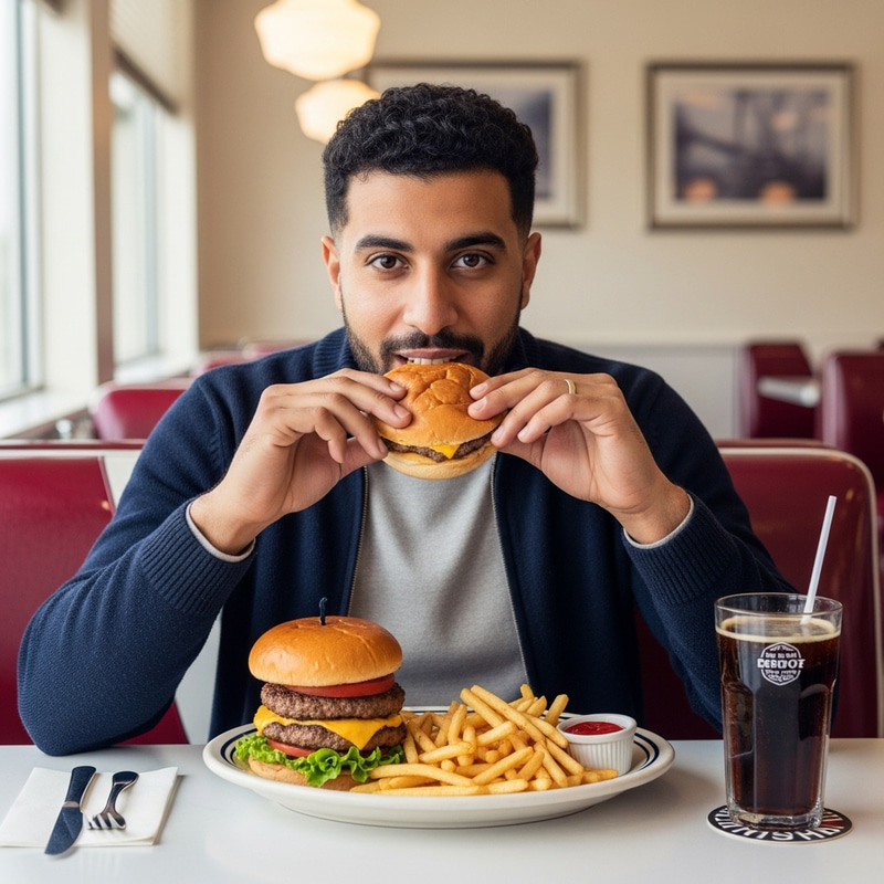 Middle-Eastern Man Enjoying Hearty Meal in Welcoming Diner Middle-Eastern Man Enjoying Hearty Meal in Welcoming Diner