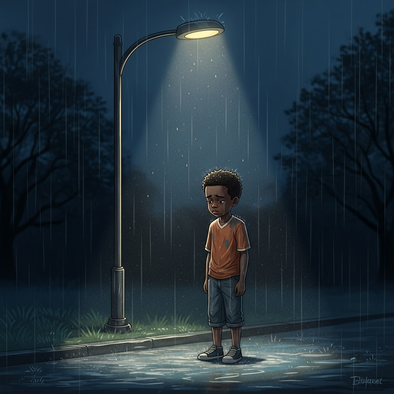 Sad African Boy in Rain Under Street Lamp Sad African Boy in Rain Under Street Lamp