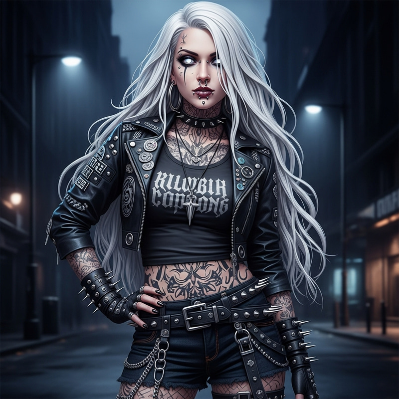 Fantasy Goth Woman: White Hair, Silver Eyes, Punk Vibe Fantasy Goth Woman: White Hair, Silver Eyes, Punk Vibe