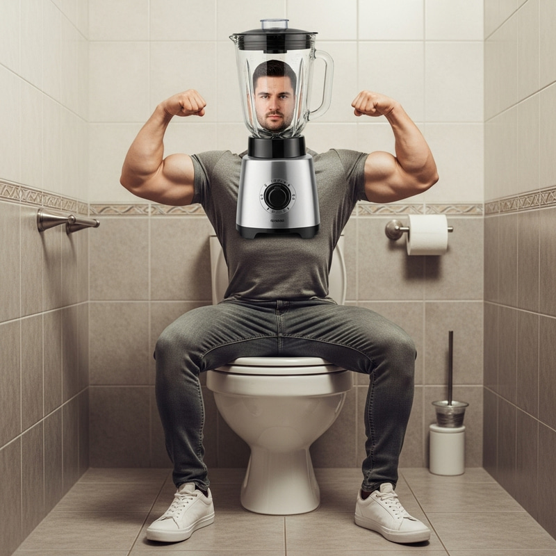 Muscle Man Blender on Toilet: Creative Household Appliance Character Muscle Man Blender on Toilet: Creative Household Appliance Character