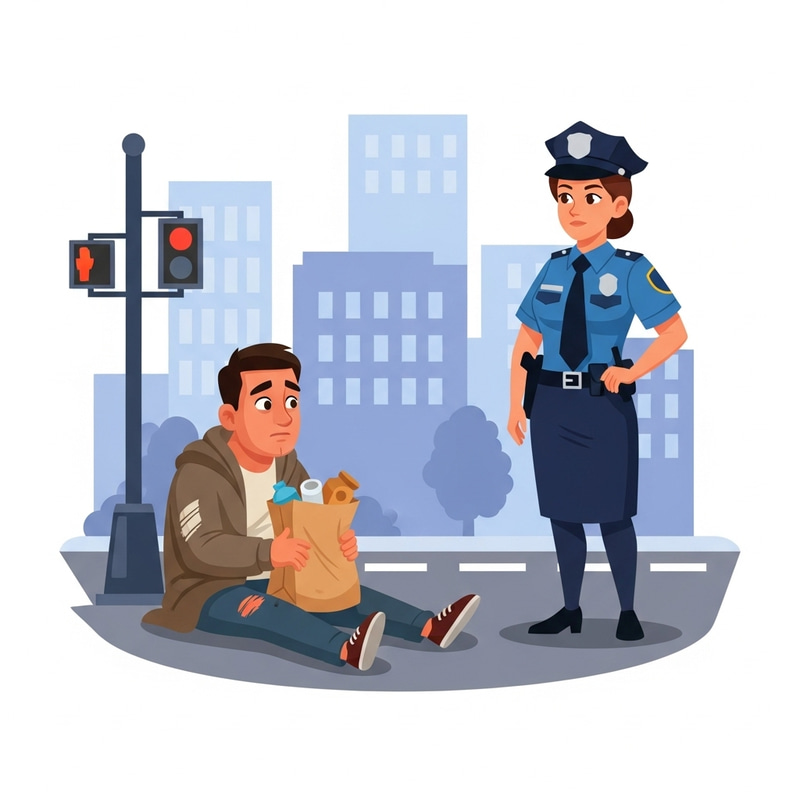 Cartoon Beggar Drinking Alcohol Confronted by Policeman Cartoon Beggar Drinking Alcohol Confronted by Policeman
