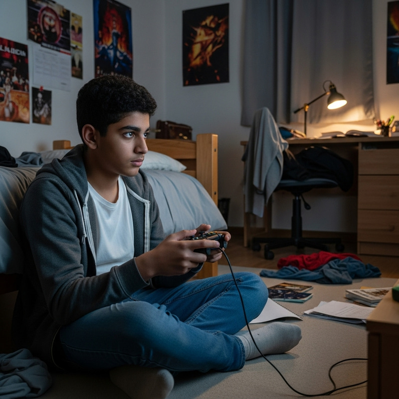 Teenage Boy Gaming Xbox in Bedroom