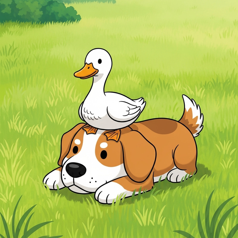 Duck and Dog on Grassland: Playful Cartoonish Scene Duck and Dog on Grassland: Playful Cartoonish Scene