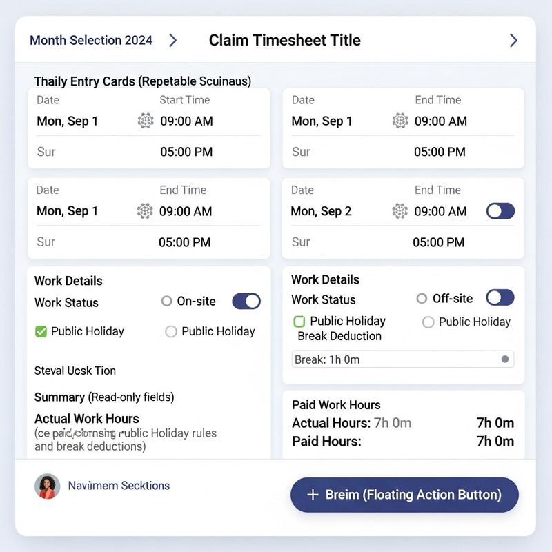 Design Mobile Layout: Timesheet Claim Record with Month, Start Time, End Time, Work Status, Public Holiday, Breaks Deducted Design Mobile Layout: Timesheet Claim Record with Month, Start Time, End Time, Work Status, Public Holiday, Breaks Deducted