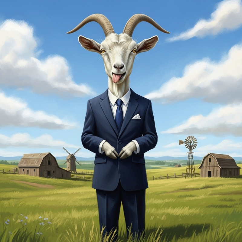 Funny Goat in Business Suit | Rustic Landscape Background