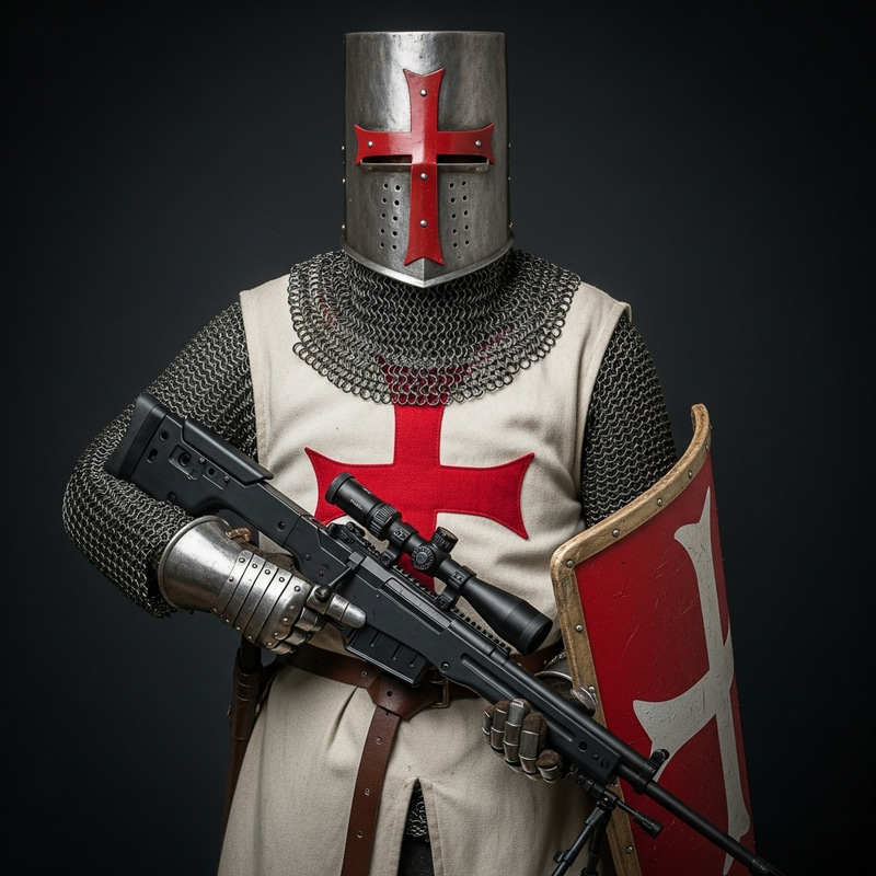 Iconic Crusader in Chainmail with Modern Sniper Rifle Iconic Crusader in Chainmail with Modern Sniper Rifle
