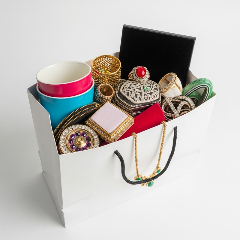 Diverse Shopping Bag Display with Cup, Ring & Necklace Diverse Shopping Bag Display with Cup, Ring & Necklace