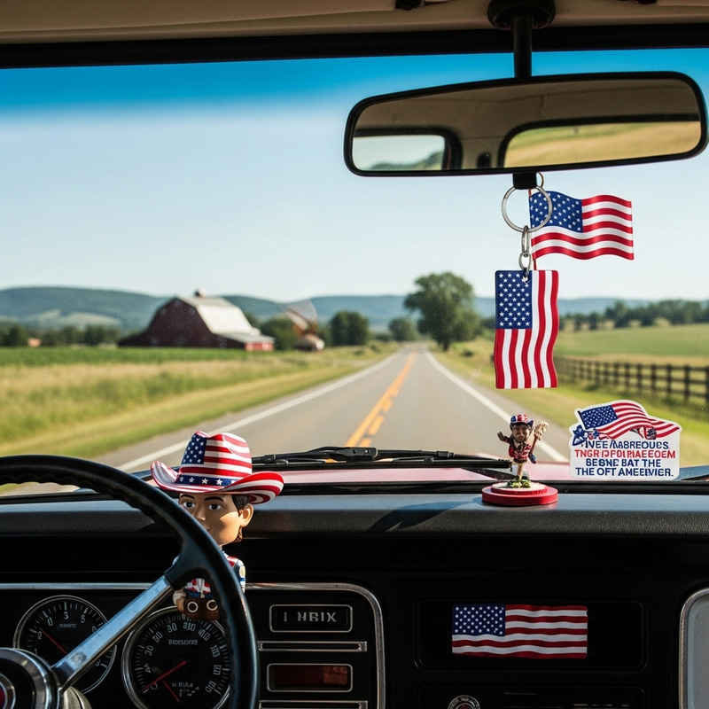 Patriotic American Flag Truck Driving on Country Road Patriotic American Flag Truck Driving on Country Road