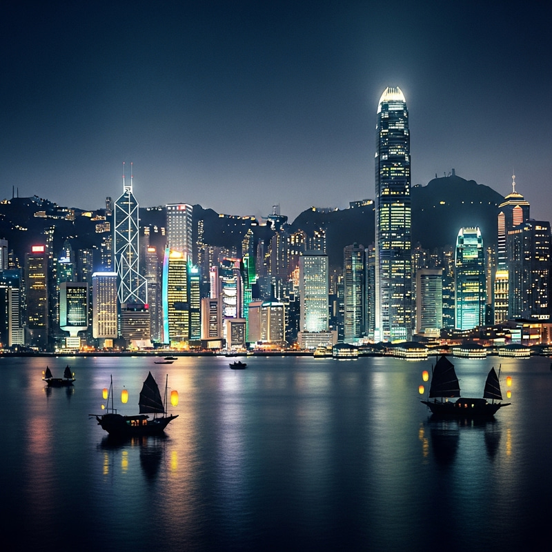 Hong Kong Night View: Chinese Brush Art Style