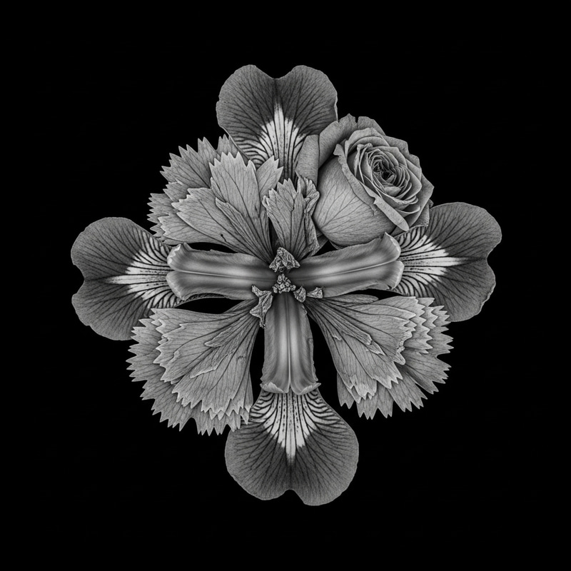 Chimera Botanical Form: Pressed Iris, Carnation & Rose Photo