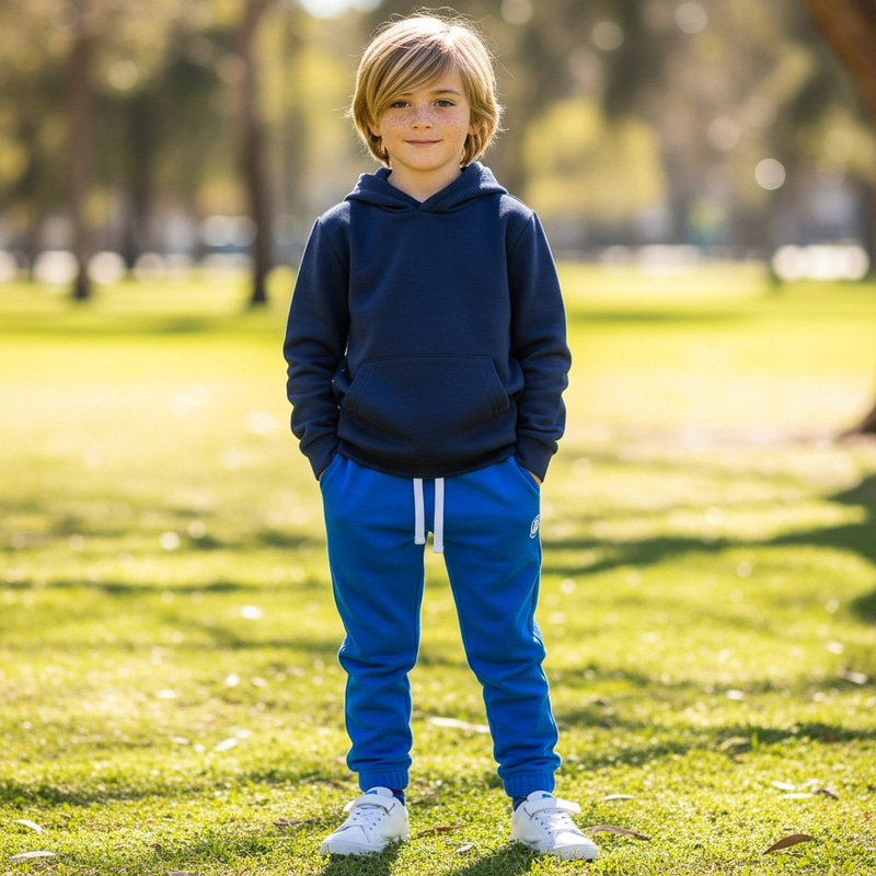 Blonde Boy in Navy Blue Sweatshirt, Royal Blue Pants, and White Sneakers Blonde Boy in Navy Blue Sweatshirt, Royal Blue Pants, and White Sneakers