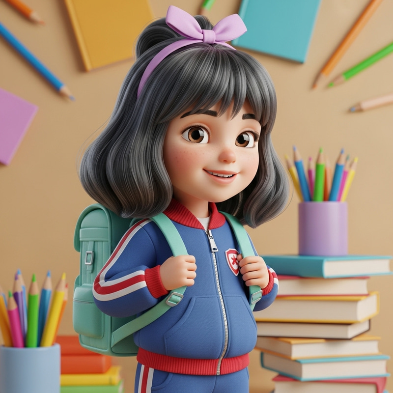 Adorable 3D Caucasian Girl Character for Preescolar | Blue & Red Tracksuit Adorable 3D Caucasian Girl Character for Preescolar | Blue & Red Tracksuit