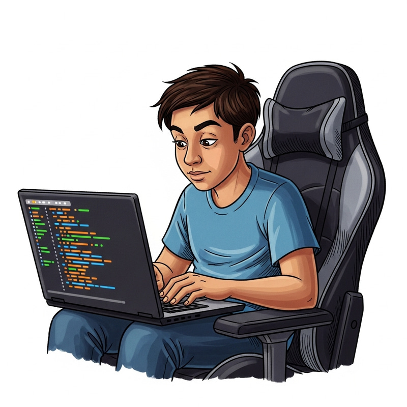 Young Hispanic Male in Disney Pixar-Style Animation Programming Scene Young Hispanic Male in Disney Pixar-Style Animation Programming Scene