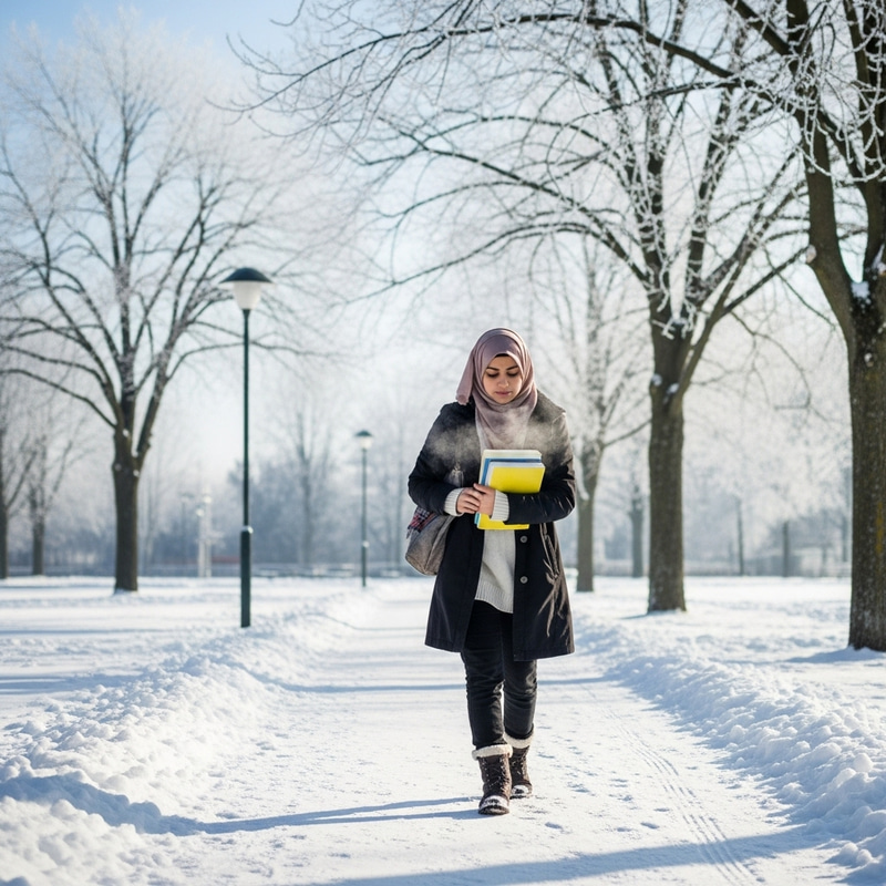 Muslim Student in Winter: Modest Attire in Snowy Landscape Muslim Student in Winter: Modest Attire in Snowy Landscape