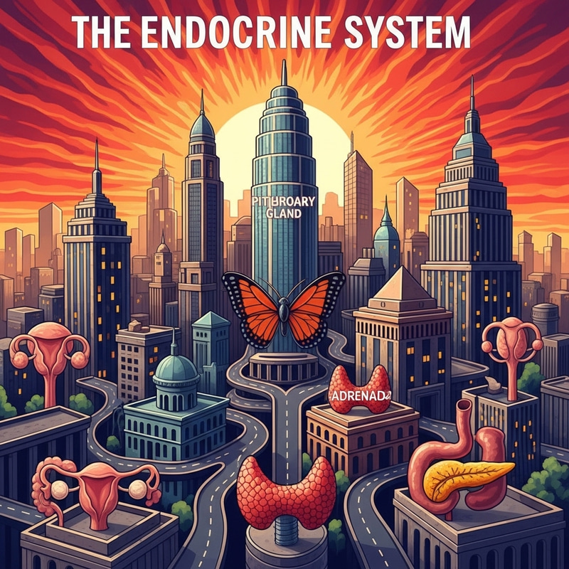 Vibrant Endocrine System Cityscape: Pituitary, Thyroid, Adrenal