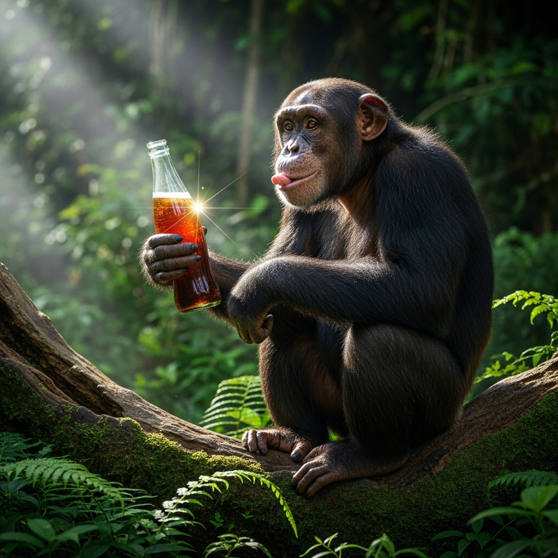 Chimpanzee Drinking Coke in Rainforest