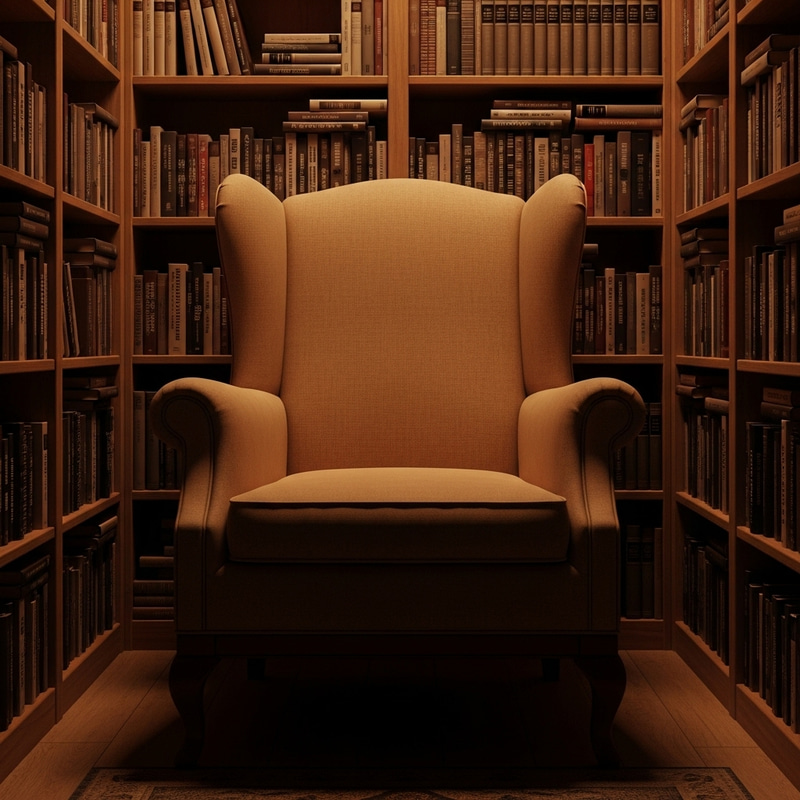 Cozy Wingback Chair Surrounded by Diverse Books at Night Cozy Wingback Chair Surrounded by Diverse Books at Night
