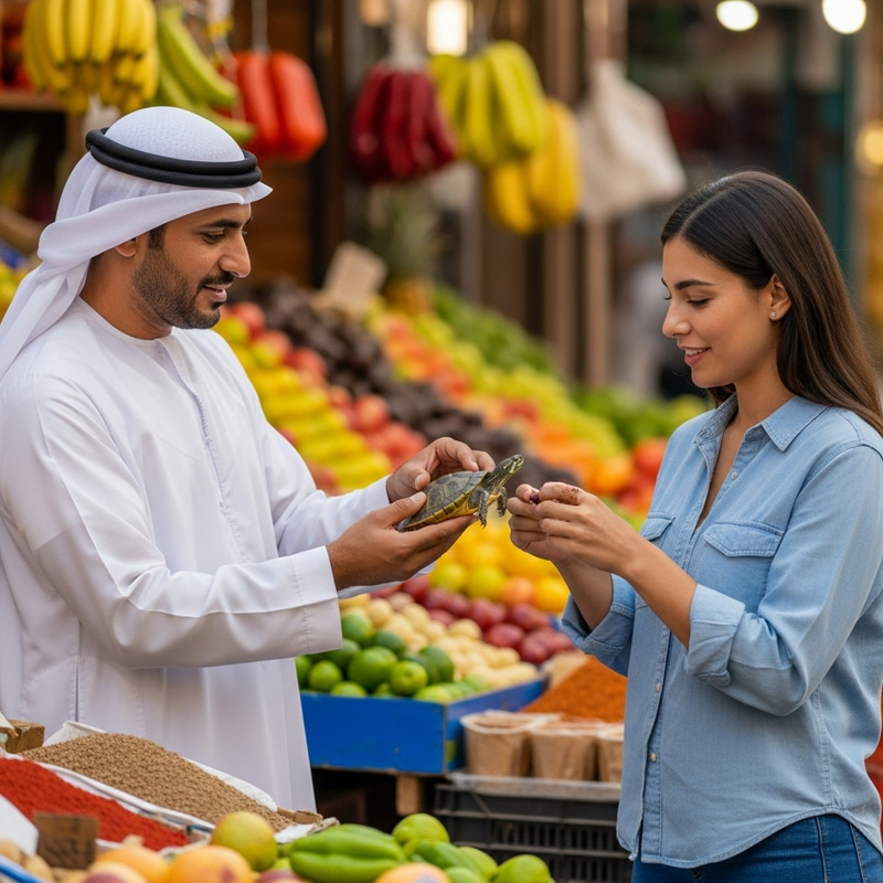 Captivating Market Scene: Man Showcasing Turtle to Interested Woman