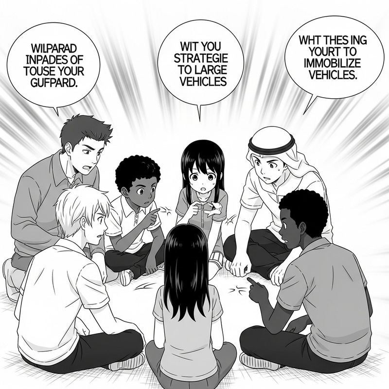 Diverse Group Plans to Halt Vehicles in Anime Style Diverse Group Plans to Halt Vehicles in Anime Style